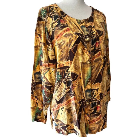 Auqust Silk Petites Vintage Navigation theme Long Sleeve Button-up Blouse Sz PS - Picture 2 of 13